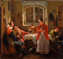 Volontärens återvändande från befrielsekrigen till deras familjer som respekterar gamla seder - Återvändandet av volontären från befrielsekrigen till sin familj som fortfarande lever i enlighet med gamla seder - Oppenheim, Moritz Daniel (1800-1882)