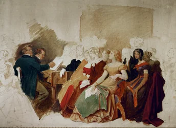 En kväll hos baron Spaun, Schubert vid pianot, bredvid honom tenoren Johann Michael Vogl ... (akvarell)
