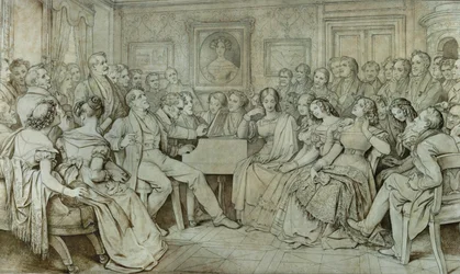 En kväll hos Baron Spaun, Schubert vid pianot, tenoren Johann Michael Vogl sjunger ... (bläck, sepia)