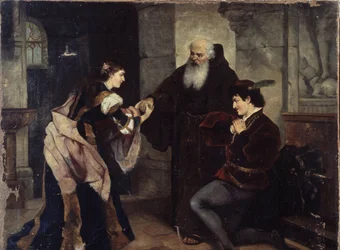 Romeo och Julias bröllop. Scen inspirerad av William Shakespeares (1564-1616) teaterpjäs. Målning av Moritz Ludwig von Schwind (1804-1871), olja på duk, österrikisk konst, mitten av 1800-talet, romantiken. Historiska och konstnärliga museet, Tjerepovets