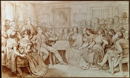 Kompositören Franz schubert ackompanjerar tenoren Johann Michael Vogl vid en musikalisk kväll på Baron von Spaun (Teckning