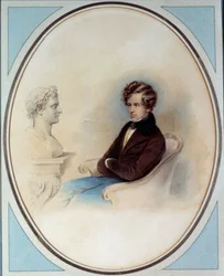 Porträtt av kungen av Rom Napoleon II, hertig av Reichstadt (1811-1832), son till kejsar Napoleon I (1769-1821), framför sin fars byst Tryck av Moritz Michael Daffinger (1790-1849) Privatsamling från 1800-talet