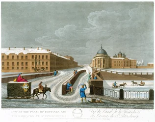 Vy över Fontanka-kanalen och barackerna, illustration för november från A Year in St. Petersburg etsad av John H. Clark, färgad av M. Dubourg. pub. 1815 i London av Edward Orme (färg lith