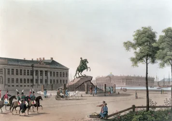 Vy över platsen för Peter den store och senatshuset i St. Petersburg, illustration för maj från "Ett år i St. Petersburg" etsad av John H. Clark, färgad av M. Dubourg, pub. 1815 i London f