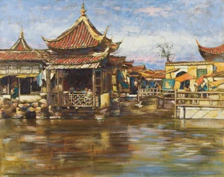 Ett tehus i Shanghai, ca 1909 (gouache och olja på papp)