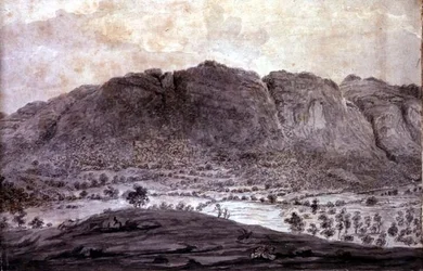 Panoramautsikt över Derwentwater och Vale of Keswick, detalj av berg, ca 1772 (penna och tvätt på papper) (se 92086-90)