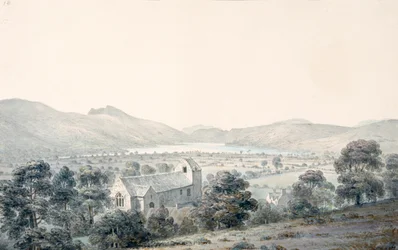Utsikt över Bala Pool, Llyntagit, från ovanför Llanfawr Church, Meirionethshire