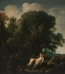 En badnymf tagen med överraskning av en Satyr En nymf överraskad vid sitt bad av en satyr