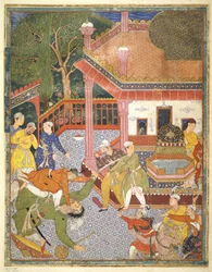 En hjälte dödar en jätte inför en skara åskådare på en innergård, illustration från Hamza Nama, ca 1555-67 (kroppsfärg på bomull)