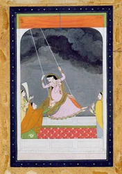 En dam på en gunga, Kangra, Punjab hills c.1790 (ogenomskinlig wc på papper)