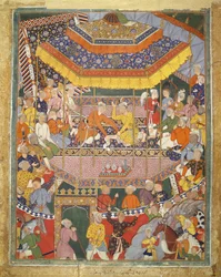 Alamshah samtalar med Qubad, illustration från Hamza Nama, ca 1555-57 (kroppsfärg på bomull)
