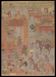 Anushirvan lägger grunden för Ctesiphon vid en gynnsam timme, Manuskriptfolio, ca 1560-1565 (ogenomskinlig akvarell, bläck och guld på tyg, monterad på kartong)