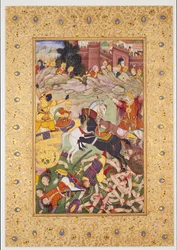 Stridsscen: Pandavas under ledning av Krishna
mot Kauravas ledda av Bhishma, sent 16: e
århundradet (Målning)