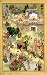 Kejsar Akbars triumferande intåg i Surat, från Akbarnama tillverkad av Abul Fazl (1515-1602) 1590-98 (ogenomskinlig wc & guld på papper)