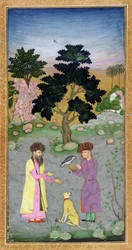 Falkonerare med följeslagare och husdjursgepard, från Small Clive Album, c.1610-15 (ogenomskinlig wc på papper)