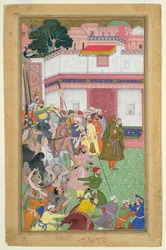 Fatepur Sikiri, 1573: Hasain Quli Khan-l Jahan presenterar sina fångar för kejsar Akbar (r.1556-1605), från Akbarnama tillverkad av Abul Fazi, 1590-98 (ogenomskinlig wc & guld på papper)