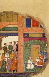 Kung Dasaratha samtalar med familjeprästen om Ramas regentskap inne i palatset, medan hovmän och ministrar väntar på borggården, ca 1595