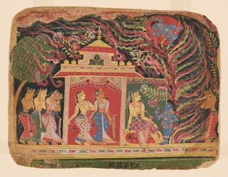 Krishna besegrar Trinavarta, demonen Virvelvinden, från en Bhagavata Purana (Herrens bok), för-Mughal-skolan (Målning)