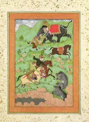 Rajput-prinsar som jagar björn; en mahout och hans elefant räddar en fallen ryttare från en tiger, från Large Clive Album