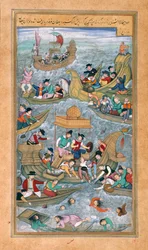 Sultan Bahadur och Rumi Khan hoppar i havet när de är omgivna av portugisiska båtar, från Akbarnama