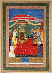 Mughal-kejsaren Babur (1526-30) sitter på en tron och tar emot en prins, Johnson Album I, nr 3 numrerad 65