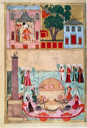 Glasblåsningsshow i Constantinople Racecourse Sidan hämtad från smeknamnet-i Humayun (Efternamn i Humayun) eller "Boken om festligheter" (ms. hazine 1344) illustrerad av Osman. cirka 1582 (Istanbul) Istanbul, Topkapi Seray