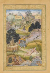 En muslimsk pilgrim lär sig en lektion i fromhet av en brahman, folio från en Khamsa..., 1597-98