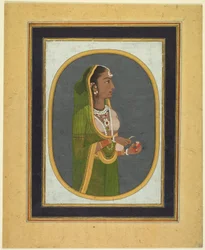Hovdam som häller upp vin, ca 1760; kantlinjer ca 1830-talet (täckande akvarell, bläck och guld på papper)