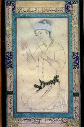 En ung man med böcker och narcissar persisk miniatyr vid Muhammad Shaykhs gouache