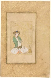 Ungdom sitter vid en pil, illustration på en sida, ca. 1600-1650.