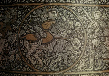 MAMLUK KNIGHT: Syrisk konst. Detalj av en bassäng kallad "Baptisteriet i St Louis"...