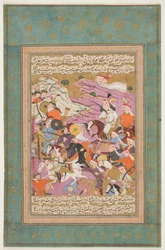 "Shah Ismaʿil besegrar Amir Husayn och Murad Beg", från Bijans Tarikh-i Jahan-gusha-yi Khaqan-i Sahib Quiran (Shah Isma