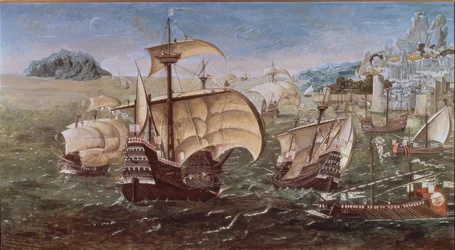 PORTUGISISKA BÅTAR PÅ EN KLANTKUST - XVI-TALET -O / L - 78 × 144 - KOPI AV ORIGINALET AV GREENWICH-MUSEET