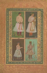 Fyra porträtt: övre vänstra A Raja Perhaps Raja Sarang Rao, av Balchand..., ca. 1610-15