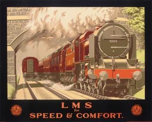 LMS for Speed and Comfort、ロンドン、ミッドランド、スコットランド鉄道を宣伝するポスター (カラー リソ) スウェーデン語