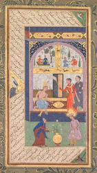 Zulaykha i sitt palats och som gammal kvinna med Josef, ur en Panj Ganj (Fem skatter) av Abd al-Rahman Jami (persiska, 1414-1492) (recto)