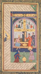 Zulaykha i sitt palats och som gammal kvinna med Joseph, ur en Panj Ganj, Fem skatter..., 1603-1