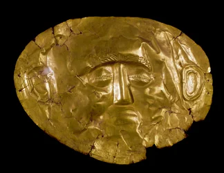 Mykensk konst: gravmask av guld från Mykene. 1500-talet f.Kr. Nationella arkeologiska museet, Aten, Grekland