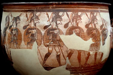 Mykensk civilisation: krater kallad Krigarkratern. Från gravcirkel A i Mykene. 1100-talet f.Kr. Aten, Nationella arkeologiska museet.