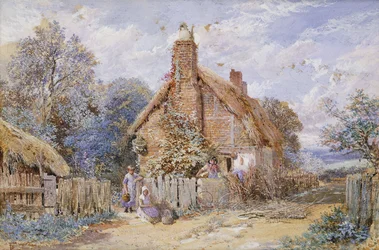 Barn vid en stuga med halmtak på Chiddingfold,