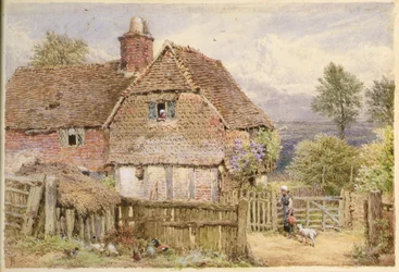 Girl with a Lamb by Farmhouse (penna och akvarell)