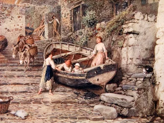 Utsikt över Clovelly, med strandsatt båt och figurer, 1882