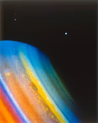 Saturnus och dess måne Dione, sett från rymdfarkosten Voyager 2.