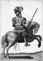 En Yeoman of the Guard, som deltar i drottning Elizabeth I på ett framsteg