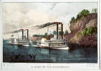 Ett ångbåtsrace på Mississippi (färgtryck)