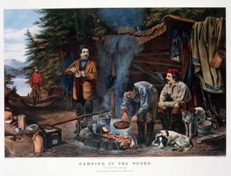 Camping i skogen "A Good Time Coming". Av Arthur Tait (Currier  Ives)