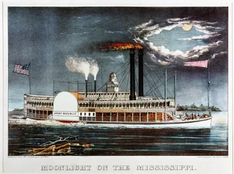 Månsken på Mississippi, ångaren Great Republic ... (färgtryck)