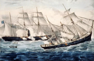 USA:s krigsslup utanför Cherbourg, Frankrike, söndagen den 19 juni. 1864. Illustration av Currier & Ives. c1864.