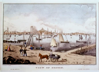 Vy över Boston med Bostons hamn ... (färgtryck)