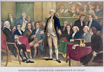 George Washington (1732-99) utsedd till överbefälhavare, publicerad 1876 (färg litho)
